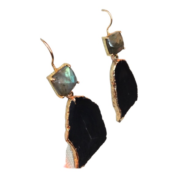 Labradorite and Black Agate Slice gold plated one of a kind wire back Earrings - Picture 6 of 8